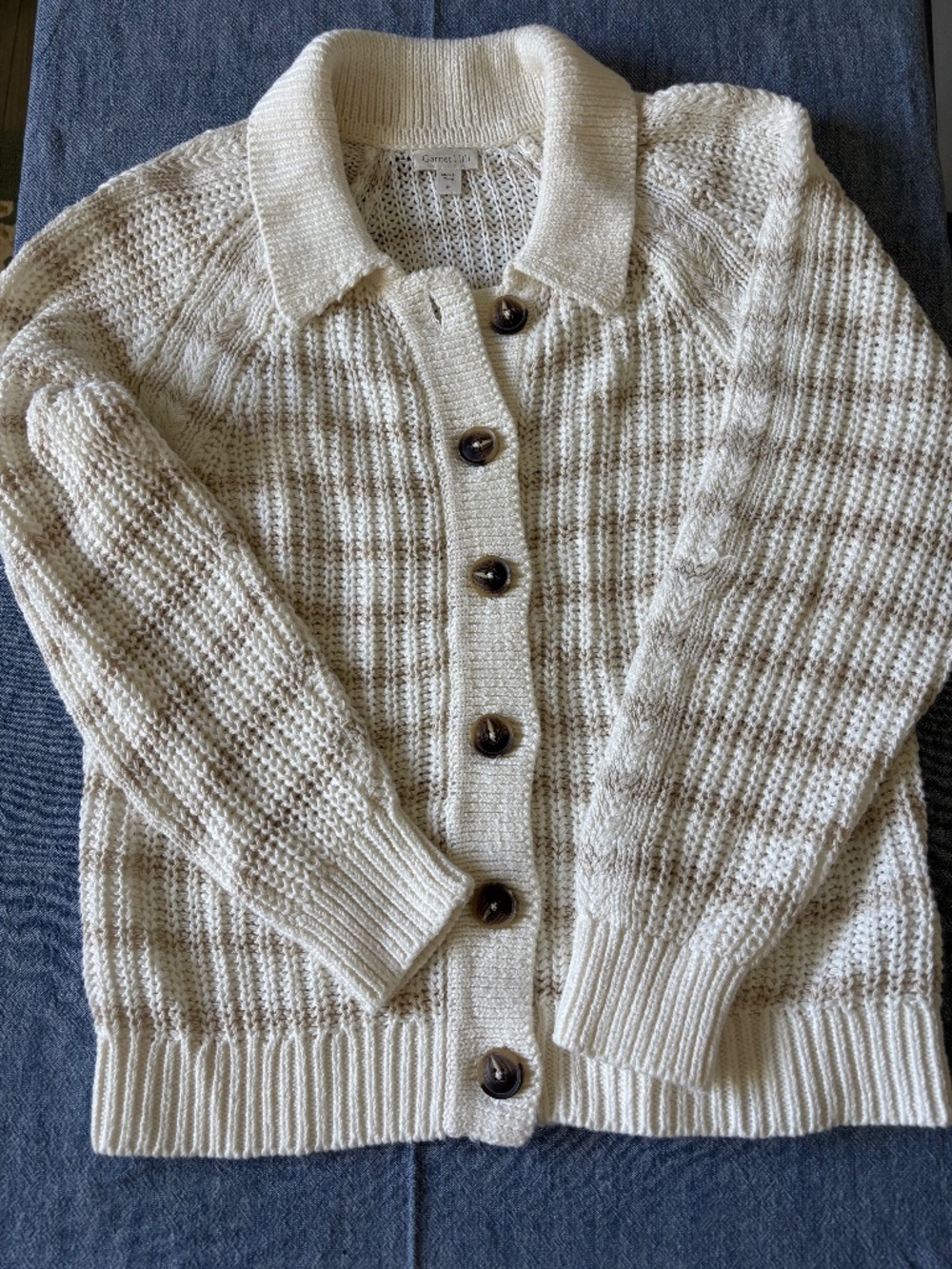Garnet Hill Maren Linen & Organic Cotton cardigan size M Ecru w/ Oatmeal stripe